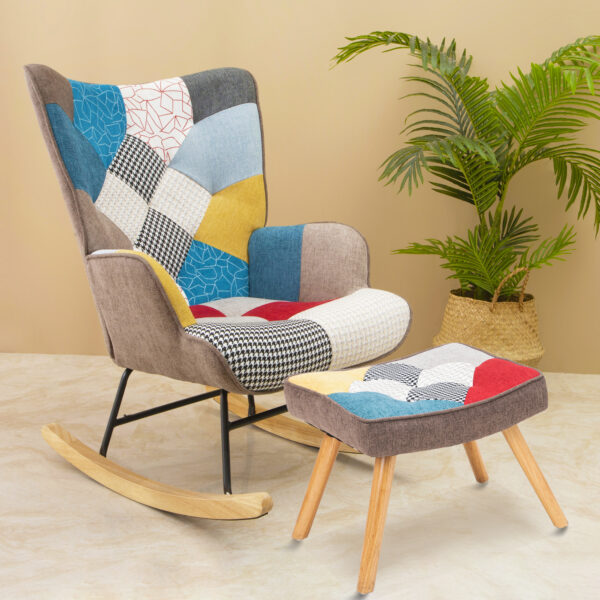 Rocking Chair with Ottoman, Mid Century Fabric Rocker Chair with Wood Legs and Patchwork Linen for Living Room Bedroom - Image 3
