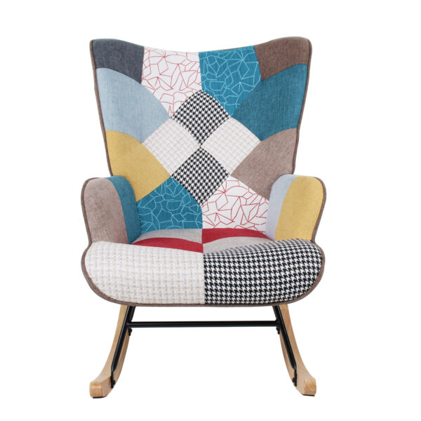 Rocking Chair with Ottoman, Mid Century Fabric Rocker Chair with Wood Legs and Patchwork Linen for Living Room Bedroom - Image 4