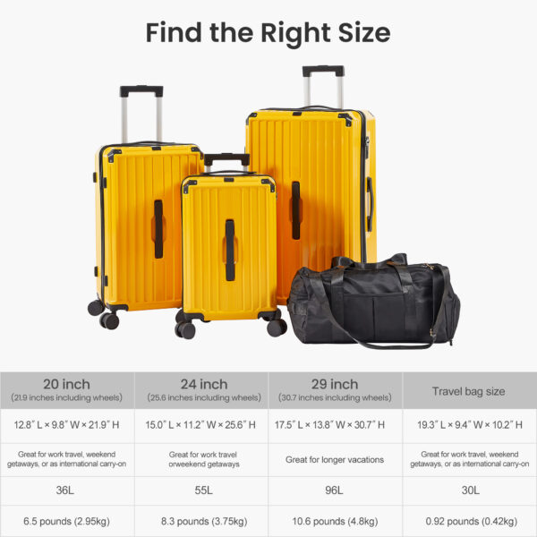 Luggage Set 4 pcs (20"/24"/29"/Travel Bag), ABS Durable Lightweight Luggage with Collapsible Cup Holder TSA Lock, Yellow - Image 21