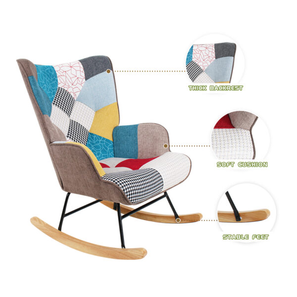 Rocking Chair with Ottoman, Mid Century Fabric Rocker Chair with Wood Legs and Patchwork Linen for Living Room Bedroom - Image 5