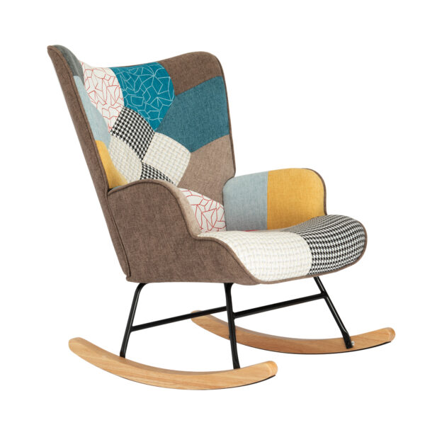 Rocking Chair with Ottoman, Mid Century Fabric Rocker Chair with Wood Legs and Patchwork Linen for Living Room Bedroom - Image 2