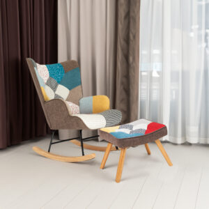 Rocking Chair with Ottoman, Mid Century Fabric Rocker Chair with Wood Legs and Patchwork Linen for Living Room Bedroom