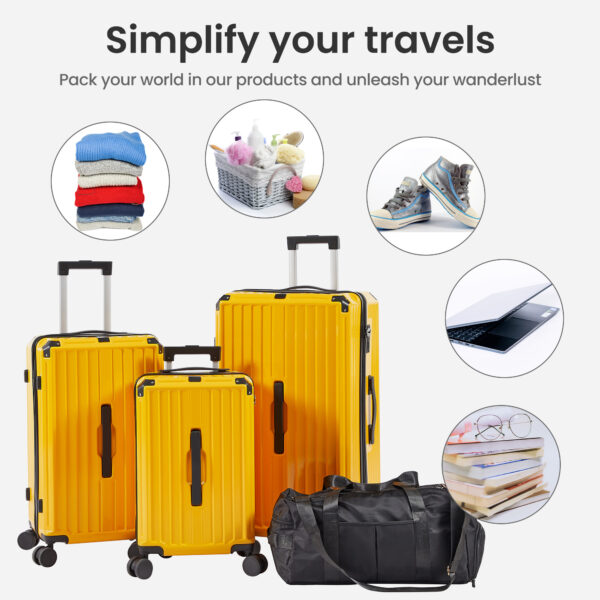 Luggage Set 4 pcs (20"/24"/29"/Travel Bag), ABS Durable Lightweight Luggage with Collapsible Cup Holder TSA Lock, Yellow - Image 15