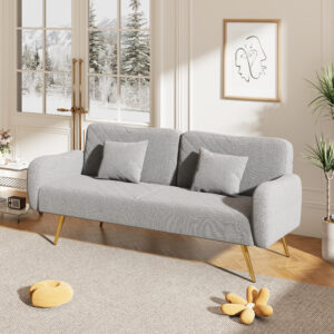 Gray 71" Fabric Double Sofa with Split Backrest Includes Two Throw Pillows