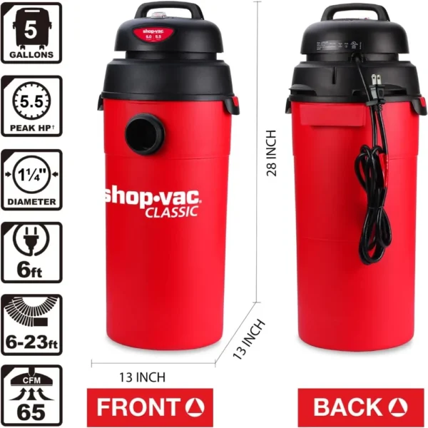 Shop-Vac 5 Gallon 5.5 Peak HP Wet/Dry Vacuum, Wall Mountable Compact Shop Vacuum with 6-23 - Image 6