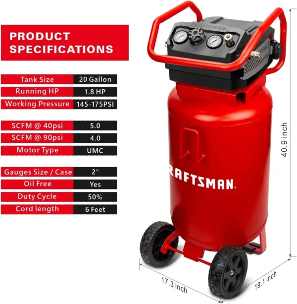 Craftsman Air Compressor, 20 Gallon Oil-Free 1.8 HP Max 175 PSI Pressure Two Quick Couplers Big Capacity, Red- CMXECXA0232043 - Image 3