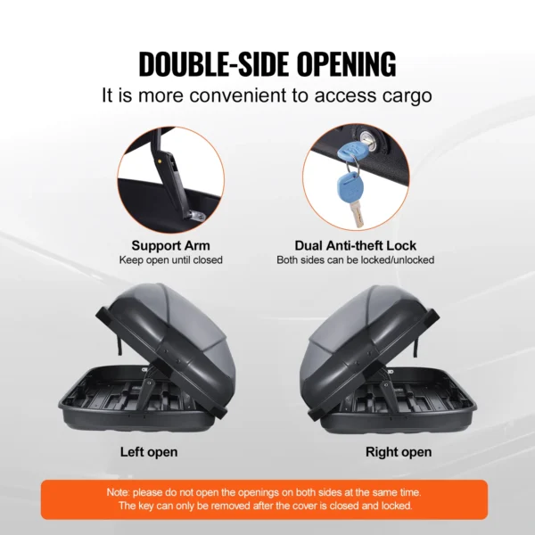 VEVOR 14 Cubic Feet Cargo Box Carrier Car Roof Storage ABS Hard Shell Dual-Sided Opening and 2 Reinforced Straps Aerodynamic - Image 4