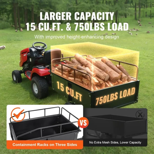 VEVOR Heavy Duty ATV Dump Cart - Steel Tow Behind trailer, 750 lbs limit, 15 Cubic Feet Garden Utility with Removable Sides
