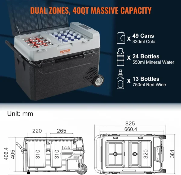 VEVOR Car Refrigerator, 12 Volt Car Refrigerator Fridge, 40 QT/38 L Dual Zone Portable Freezer, -4℉-50℉ Adjustable Range, 12/24V DC and - Image 2