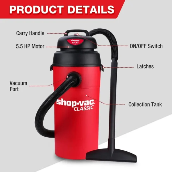 Shop-Vac 5 Gallon 5.5 Peak HP Wet/Dry Vacuum, Wall Mountable Compact Shop Vacuum with 6-23 - Image 5