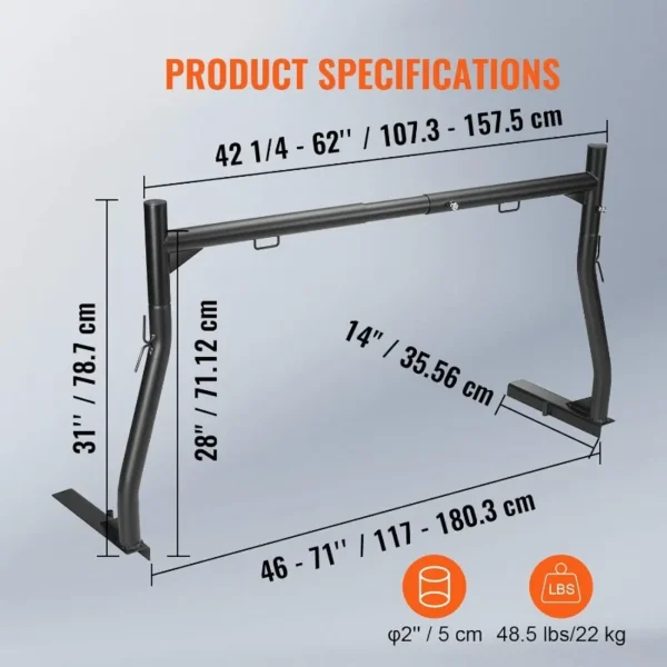 VEVOR Universal Extendable Steel Truck Lumber Ladder Rack - 800 lbs Capacity, 46-71 inch, Non-Drilling - Image 6