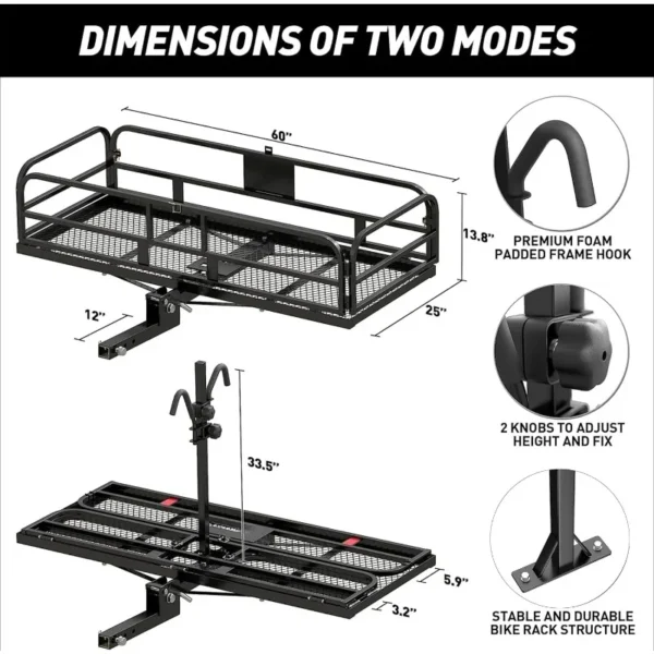 Multi-Use Folding Hitch Basket & Bike Cargo Carrier 60" x 24" x 14" Trailer Hitch 500 LBS Capacity