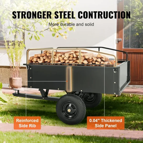 VEVOR Heavy Duty ATV Dump Cart - Steel Tow Behind trailer, 750 lbs limit, 15 Cubic Feet Garden Utility with Removable Sides - Image 3