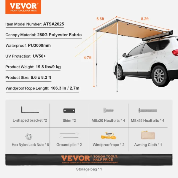 VEVOR (Different Sizes) Vehicle Awning Retractable Car Side Awning Car Awning with Waterproof Storage Bag  Suitable for Truck SUV Van Campers - Image 8