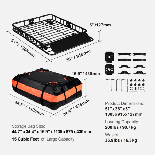 VEVOR Roof Rack Cargo Basket 46" / 51" /  64" Rooftop Cargo Carrier Heavy-Duty 200 LBS Capacity Van SUV Truck Vehicle - Image 8