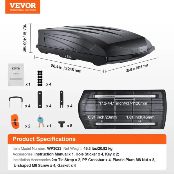 VEVOR 22 Cubic Feet Cargo Box Carrier Car Roof Storage ABS Hard Shell Dual-Sided Opening and 2 Reinforced Straps Aerodynamic