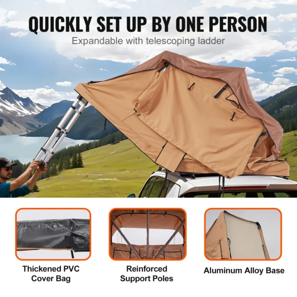 VEVOR Small Rooftop Tent Hard Shell 2-3 Person W/ Telescopic Ladder & Mattress PVC Cover Bag Waterproof SUV Van Pickup Truck - Image 4