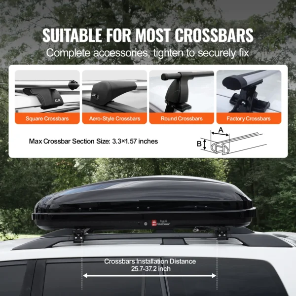VEVOR 14 Cubic Feet Cargo Box Carrier Car Roof Storage ABS Hard Shell Dual-Sided Opening and 2 Reinforced Straps Aerodynamic - Image 3