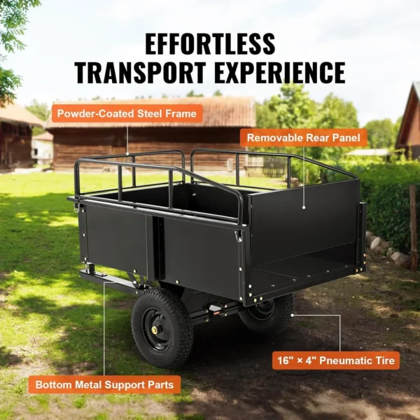 VEVOR Heavy Duty ATV Dump Cart - Steel Tow Behind trailer, 750 lbs limit, 15 Cubic Feet Garden Utility with Removable Sides - Image 5