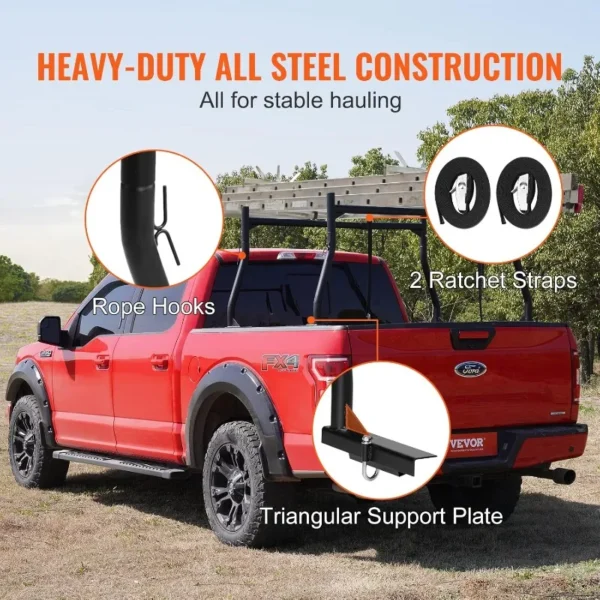 VEVOR Universal Extendable Steel Truck Lumber Ladder Rack - 800 lbs Capacity, 46-71 inch, Non-Drilling - Image 3