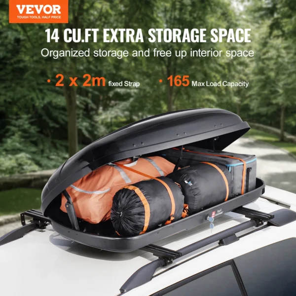 VEVOR 14 Cubic Feet Cargo Box Carrier Car Roof Storage ABS Hard Shell Dual-Sided Opening and 2 Reinforced Straps Aerodynamic - Image 2