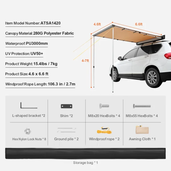 VEVOR (Different Sizes) Vehicle Awning Retractable Car Side Awning Car Awning with Waterproof Storage Bag  Suitable for Truck SUV Van Campers - Image 7
