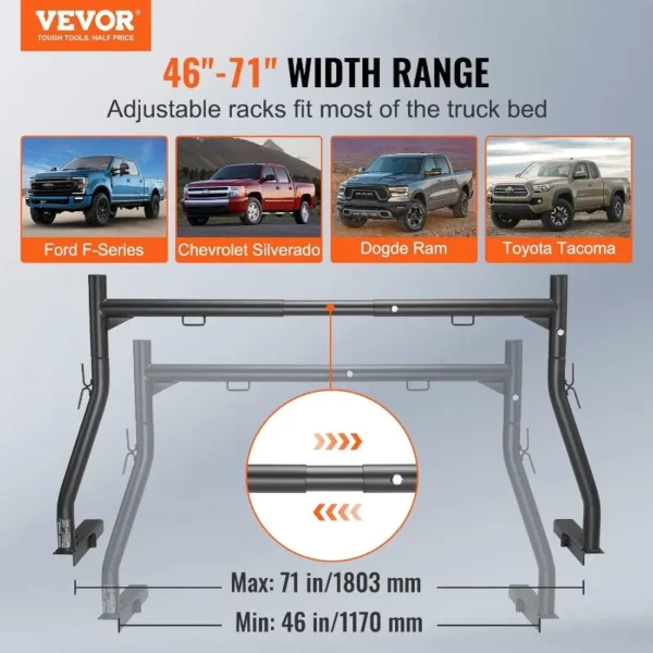 VEVOR Universal Extendable Steel Truck Lumber Ladder Rack - 800 lbs Capacity, 46-71 inch, Non-Drilling