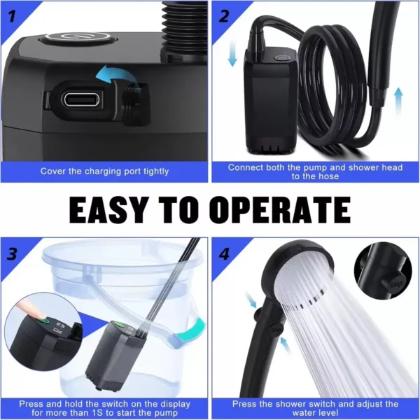 Camping Rechargeable Portable Shower LED Display Electric Pump Shower Head - Image 4