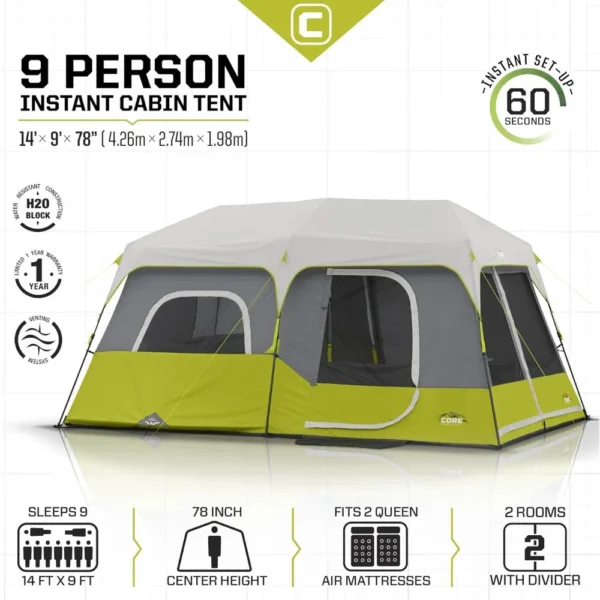 Core Instant Cabin Tent | 9 Person Tent - 14' x 9' Green (40008) - Image 3