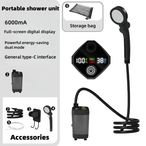 Camping Rechargeable Portable Shower LED Display Electric Pump Shower Head - Image 7